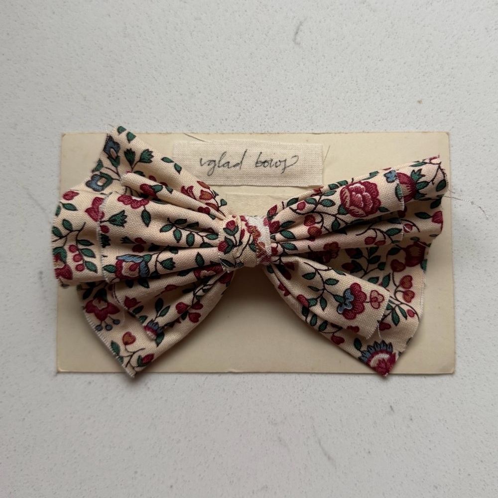 Floral Bow Hair Clip - Cream with Red & Teal Flowers